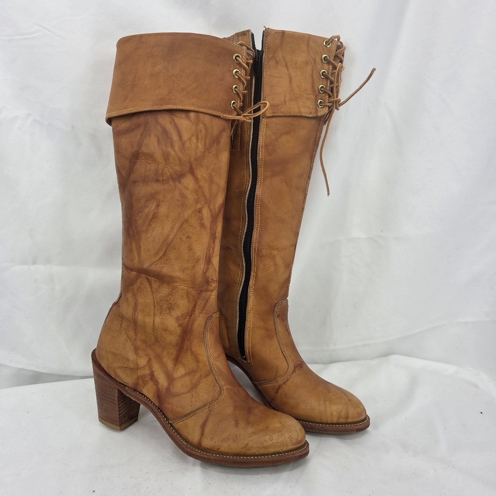 Dingo Vintage Marbled Tan Heeled Boots with Side Zipper and Chunky Heel sz 7M